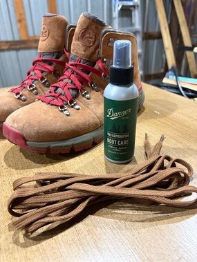 Danner Tan Suede Hiking Boots with Red Laces and Boot Care Spray